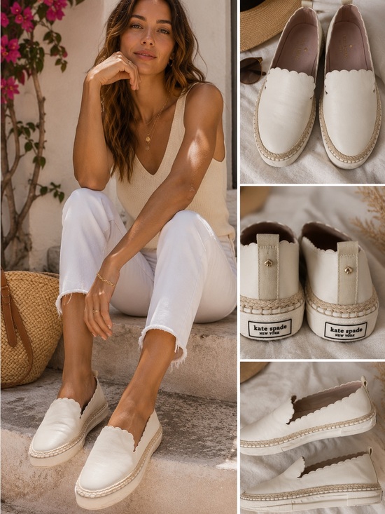 kate spade Shoes - Kate Spade White Leather Scallop Espadrille Slip On Sneakers Size 7.5 Coastal